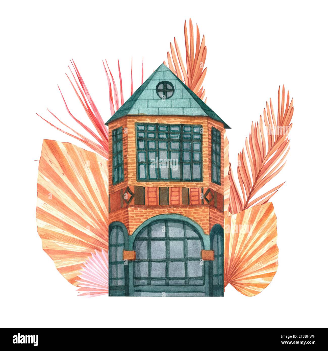 Maison maison cottage cosy immeuble peint par aquarelle isolé sur un dessin animé blanc de fond. Logo d'illustration de feuilles de palmier tropical séchées Banque D'Images