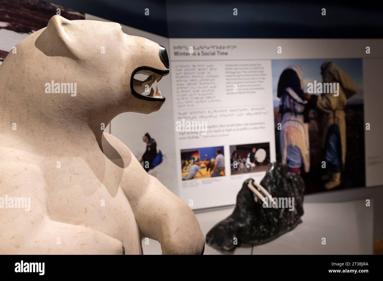 Canada, Nunavut, île King William, Gjoa Haven. Nattlik Heritage Centre, intérieur. Exposition de musée avec ours sculpté. Banque D'Images