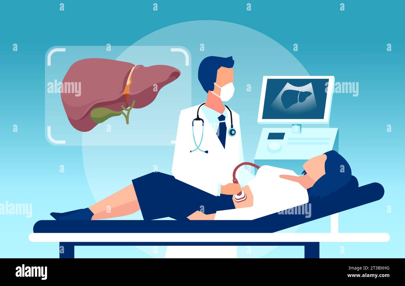 Vecteur d'une patiente dans une clinique subissant un examen échographique du foie Illustration de Vecteur