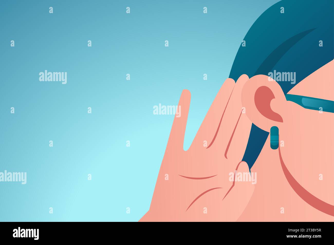 Vecteur d'une femme tient sa main près de l'oreille et écoute soigneusement isolé sur fond bleu Illustration de Vecteur