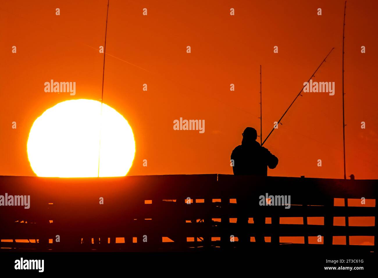 Île de Palms, États-Unis. 24 octobre 2023. Les pêcheurs silhouettés par le lever du soleil attendent que le poisson morde sur la jetée de l'île de Palms, le 24 octobre 2023 à l'île de Palms, en Caroline du Sud. Crédit : Richard Ellis/Richard Ellis/Alamy Live News Banque D'Images