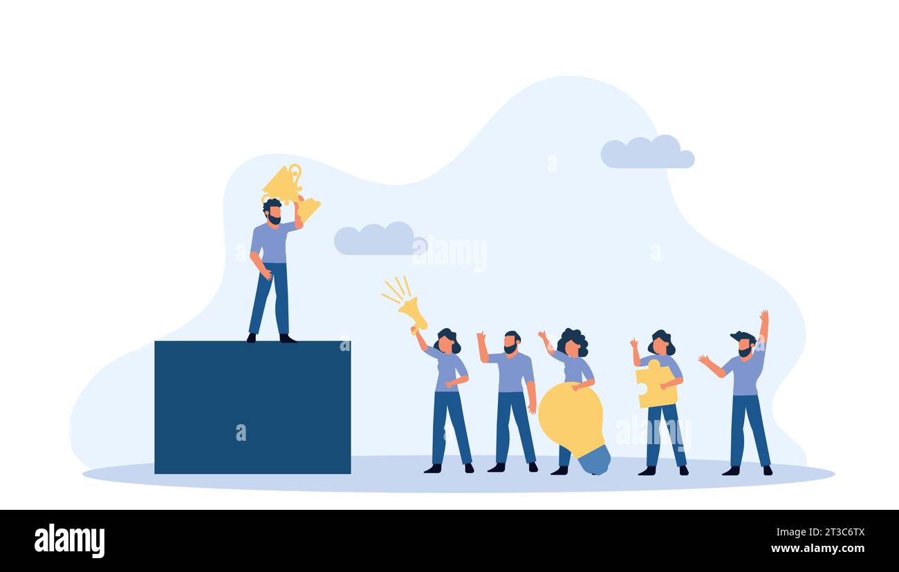 Groupe diversifié de personnes debout sur un podium, tenant des trophées et des puzzles. Ils sont tous souriants et enthousiastes, célébrant leur succès en tant qu’équipe. VEC Illustration de Vecteur