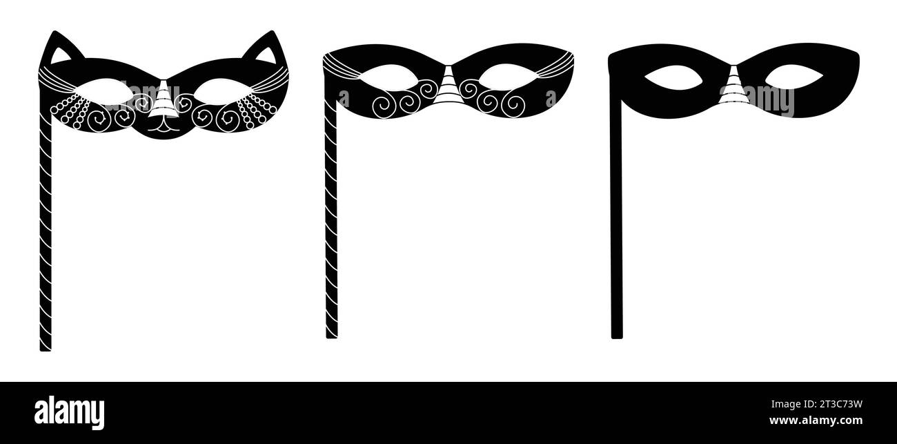 Masques de mascarade noirs avec bâtons, jeu d'illustrations vectorielles en noir et blanc Illustration de Vecteur
