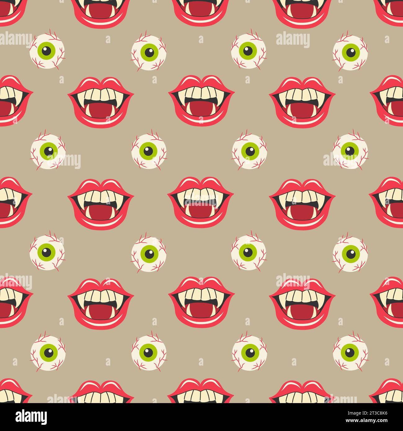 Halloween Vampire Fangs et Zombie Eyeballs Seamless Pattern Design Banque D'Images