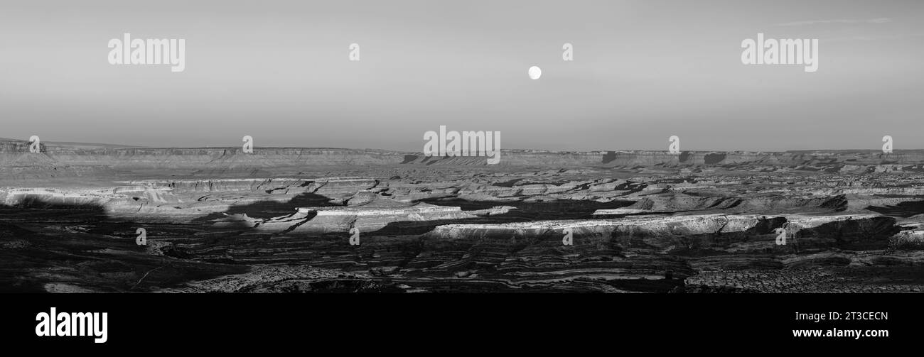 Photographie panoramique de la lune se levant au-dessus du parc national Canyonlands depuis Panorama point dans la zone de loisirs nationale de Glen Canyon près de Hanksville, UT Banque D'Images