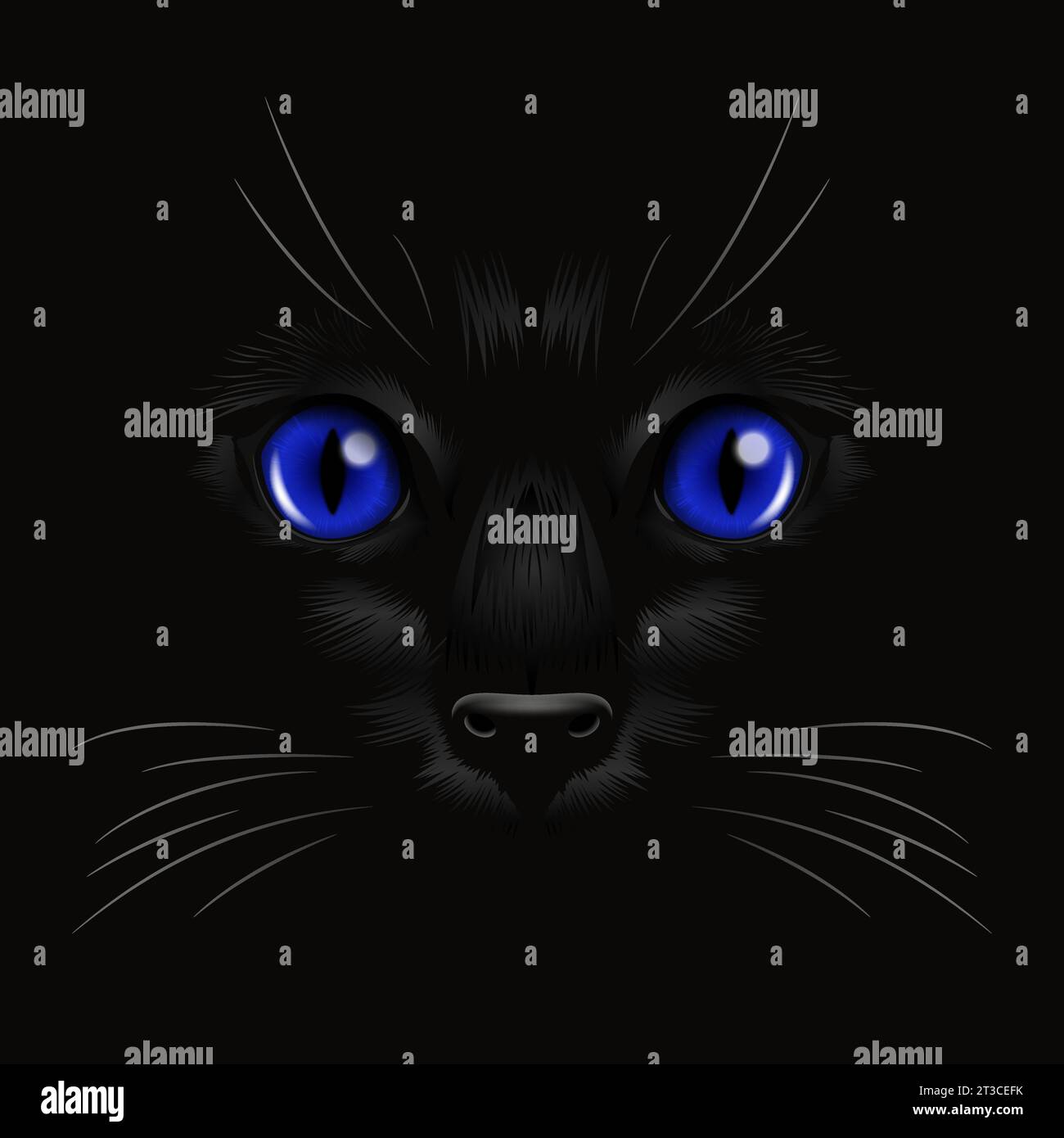 Vector 3d réaliste Blue Cats oeil d'un chat noir dans l'obscurité, la nuit. Visage de chat avec Oui, nez, Whiskers sur Noir. Cat Closeup Regardez dans les Ténèbres Illustration de Vecteur