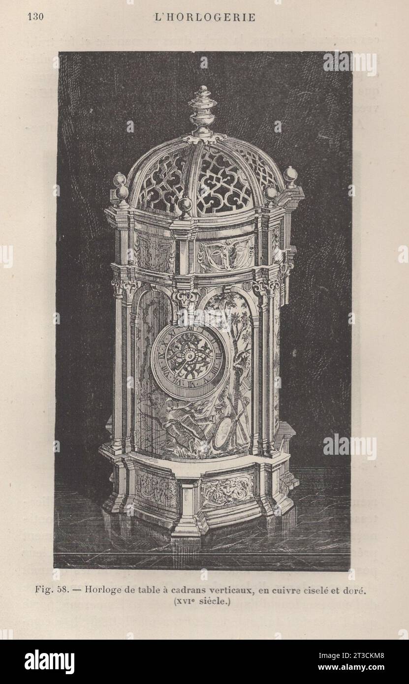 Les Arts de l'ameublement : l'Horlogerie , Paris , Librairie CH. Delagrave. /Livre antique français du 19e siècle / Fig.58.- horloge de table á cadans verticaux, en cuivre ciselé et doré (XVI. Siècle ) / horloge de table avec cadrans verticaux, en cuivre chassé et doré du 16e siècle Banque D'Images