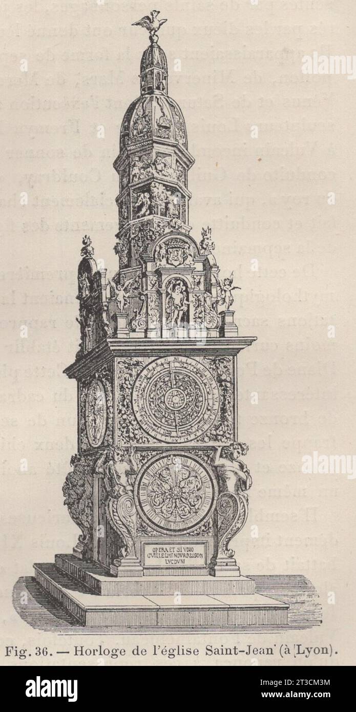 Les Arts de l'ameublement : L'horlogerie , Paris , librairie Ch. Delagrave. /Antique livre français du XIXe siècle / Fig.36.- horloge de l'église Saint-Jean (á Lyon ) / L'ASTROLABE DE L'HORLOGE ASTRONOMIQUE DE LA CATHÉDRALE SAINT-JEAN DE LYON / Lyon horloge astronomique DE 9 mètres de haut installée dans la cathédrale de Lyon Banque D'Images