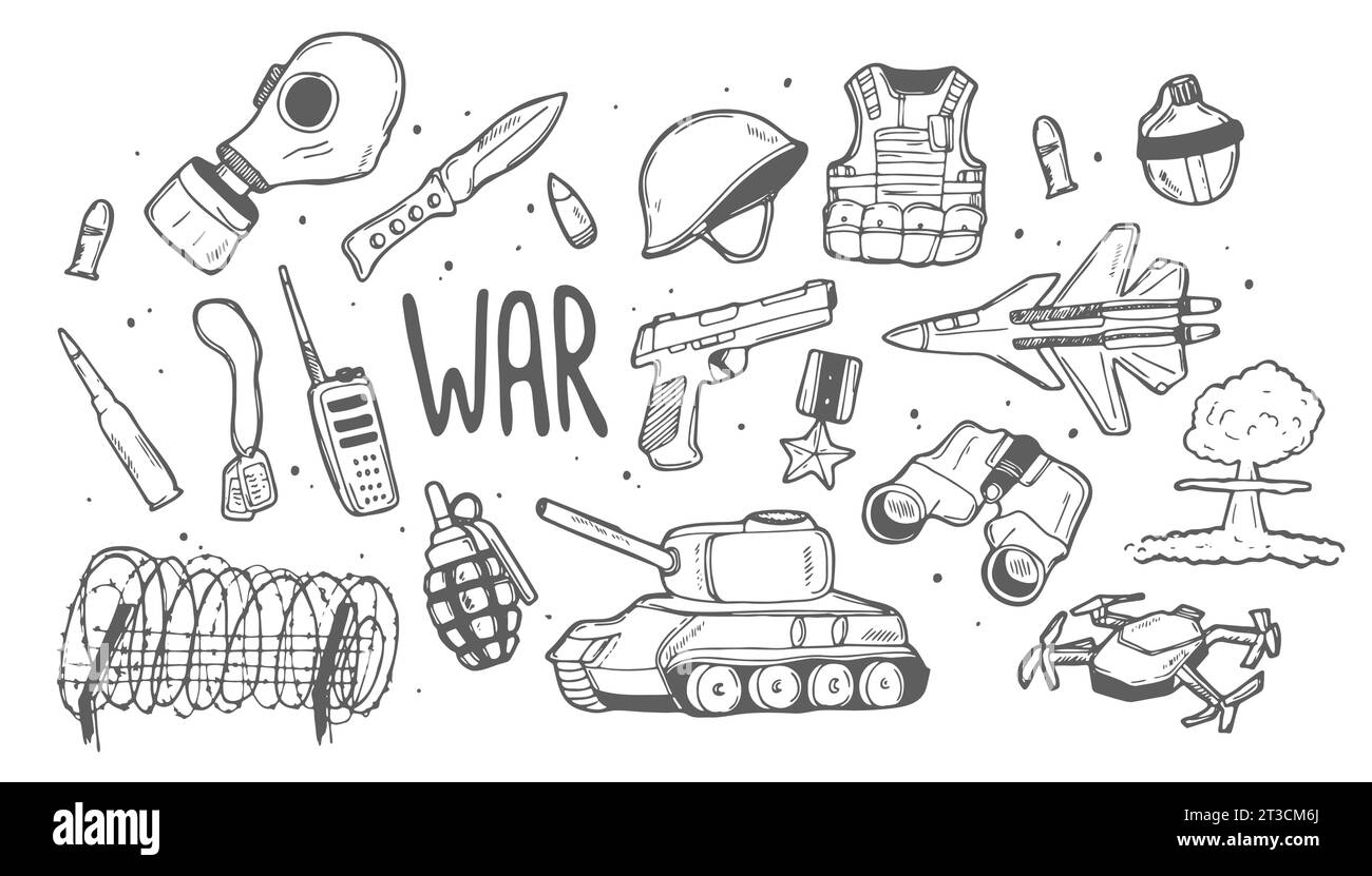 Jeu d'icônes de doodle de soldat militaire. Collection d'illustrations Vector style de guerre. Bannière dessinée à la main style dessin au trait. Illustration de Vecteur