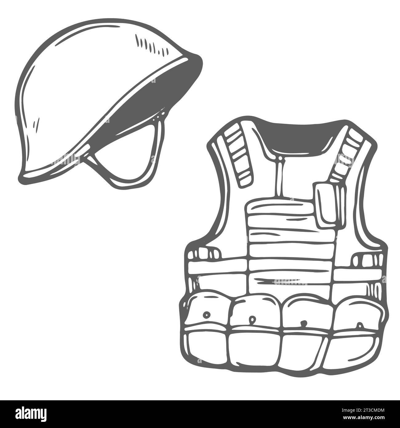 Vecteur d'icône de croquis de département de police. Dessin à la main bleu doodle ligne d'art policier Silhouette, badge de police et Body Armor, casque et arme à feu et matraque Illustration de Vecteur