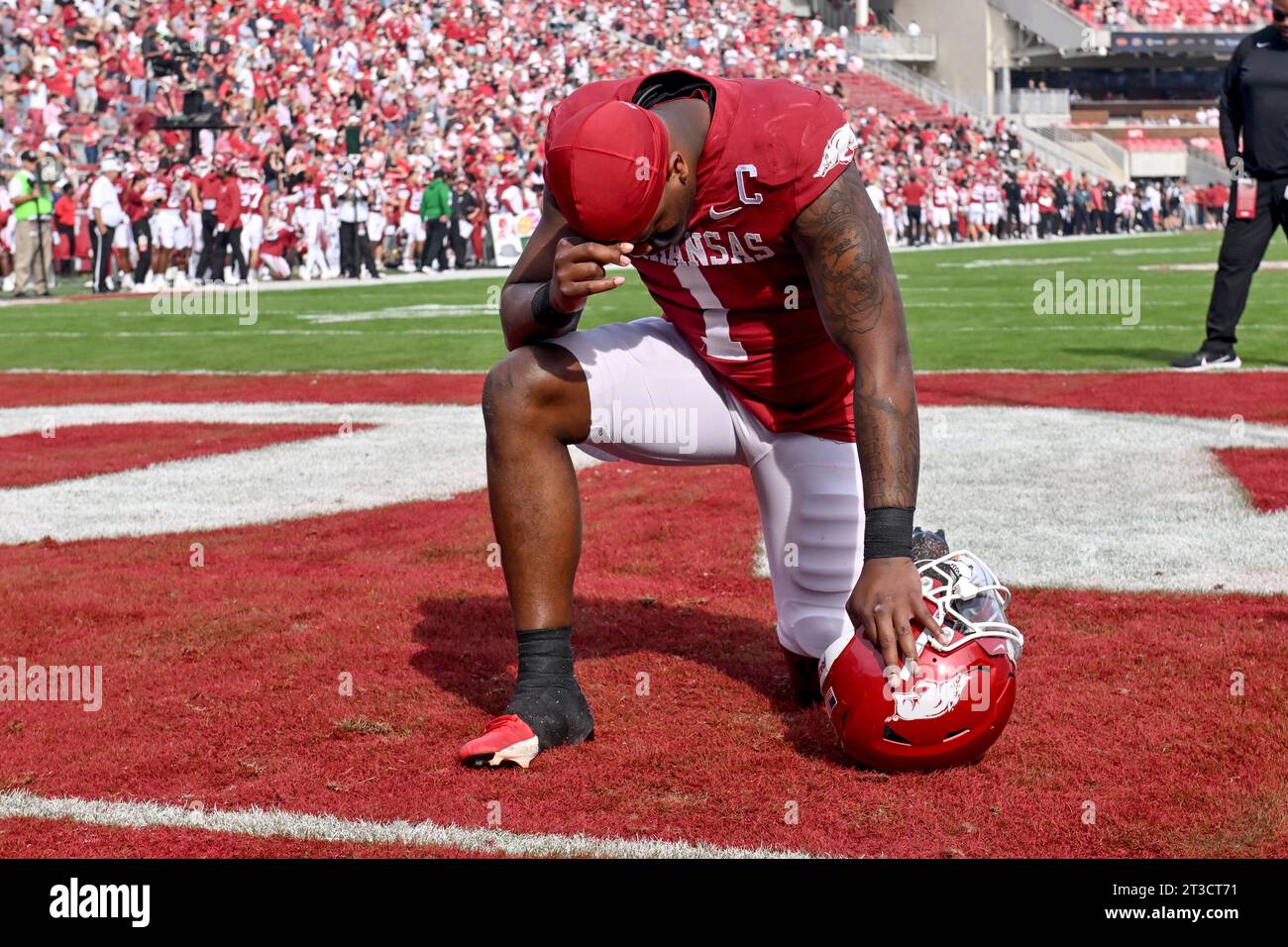 Arkansas quarterback KJ Jefferson (1) prepares to play Mississippi State during an NCAA college football game Saturday, Oct. 21, 2023, in Fayetteville, Ark. (AP Photo/Michael Woods) Banque D'Images