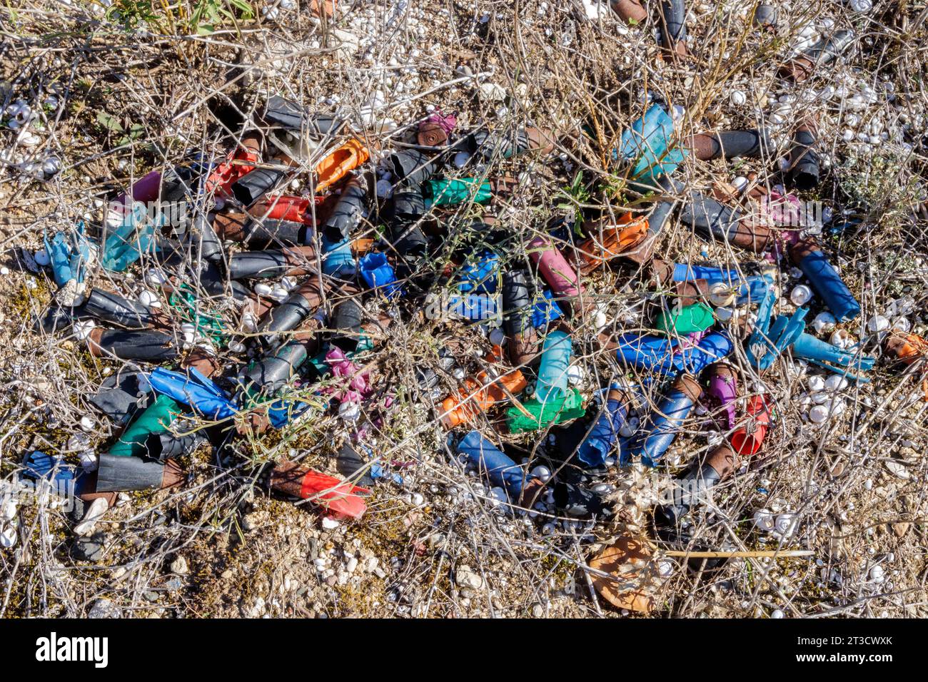 Cartouches de chasse abandonnées dans la nature par les chasseurs. Béziers, Occitanie, France Banque D'Images