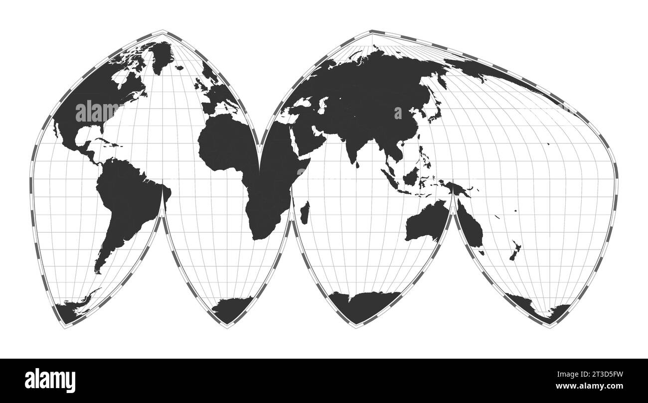 Carte du monde vectorielle. La projection eumorphique interrompue de Bogg. Carte géographique du monde simple avec les lignes de latitude et de longitude. Illustration de Vecteur
