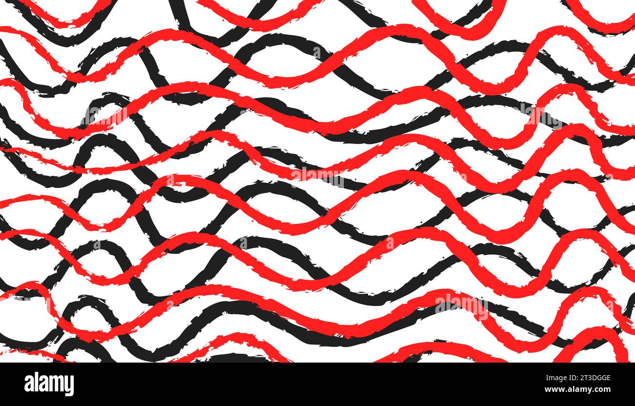 Motif de lignes de pinceau ondulées rouges et noires sur un fond blanc, bannière vectorielle horizontale abstraite. Illustration de Vecteur