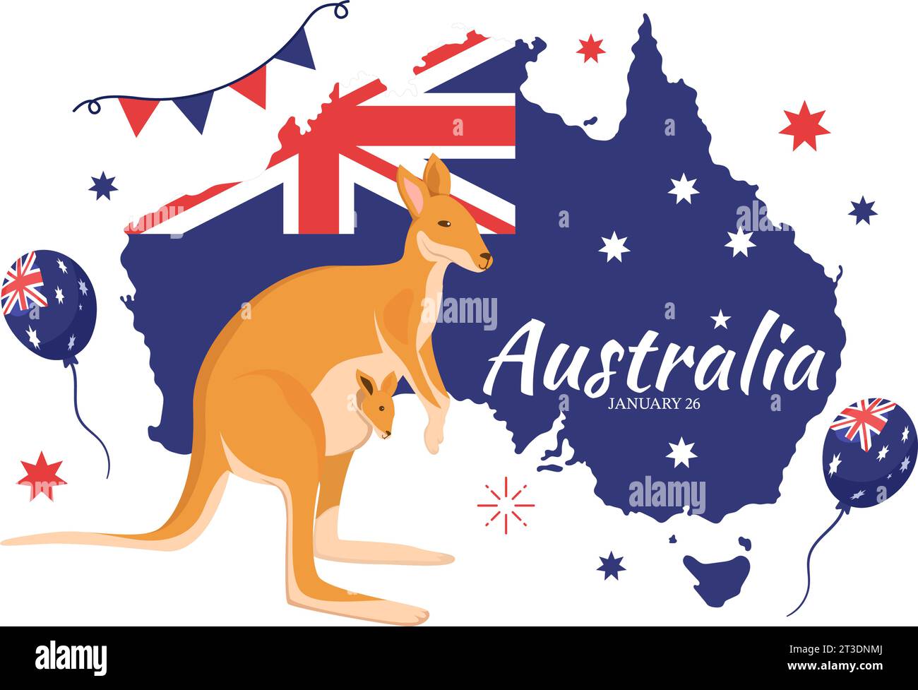 Joyeux Australia Day Vector Illustration le 26 janvier avec carte et drapeau australien pour bannière ou affiche dans la conception de fond de dessin animé plat Illustration de Vecteur