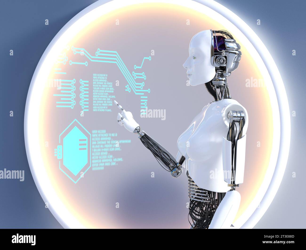 Rendu 3D d'un robot féminin travaillant sur un écran tactile numérique transparent qui flotte dans l'air. Concept futuriste. Banque D'Images