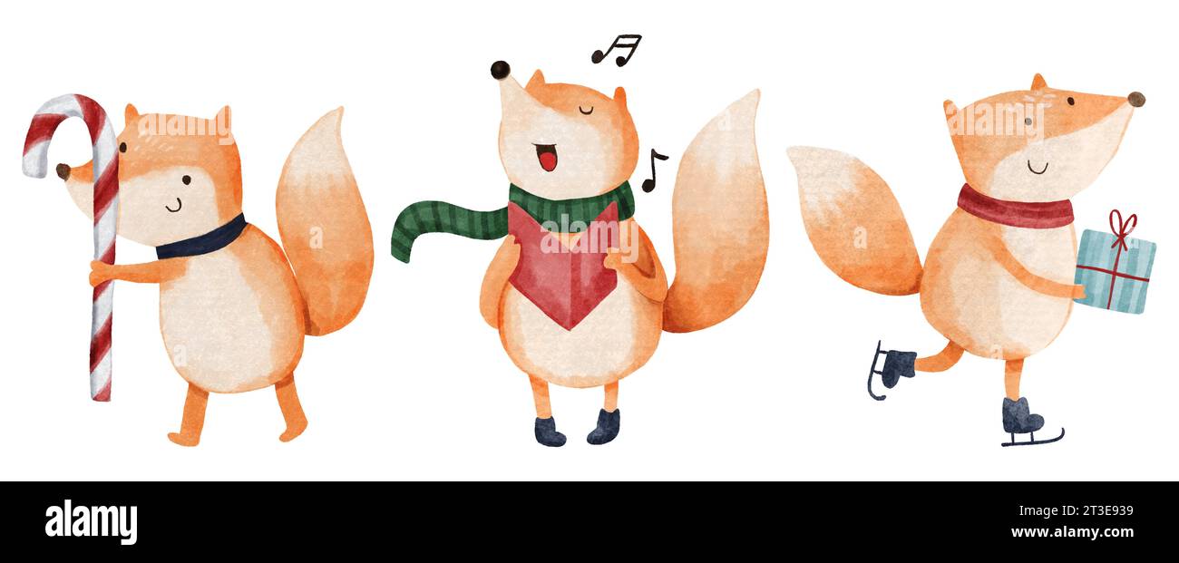 Fox avec costume de noël. Personnages de dessins animés de peinture à l'aquarelle. Isolé . Jeu 4 de 7 . Vecteur . Illustration de Vecteur