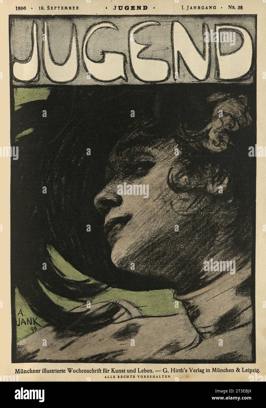 Couverture vintage de Jugend, Portrait d'une Jeune femme par Angelo Jank, Jugendstil, Art Nouveau., allemand des années 1890 Banque D'Images