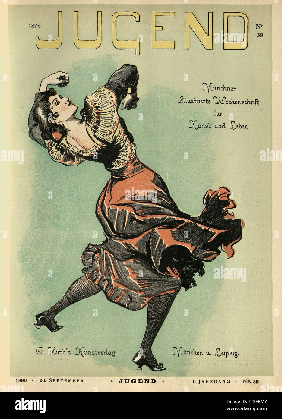 Couverture vintage du magazine Jugend, Jeune femme, danseuse de flamenco avec castagnettes, Jugendstil, Art Nouveau, années 1890 allemandes Banque D'Images