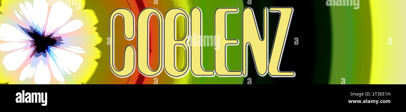 Le nom de la ville COBLENZ en lettres capitales sur fond coloré avec fleur blanche Banque D'Images