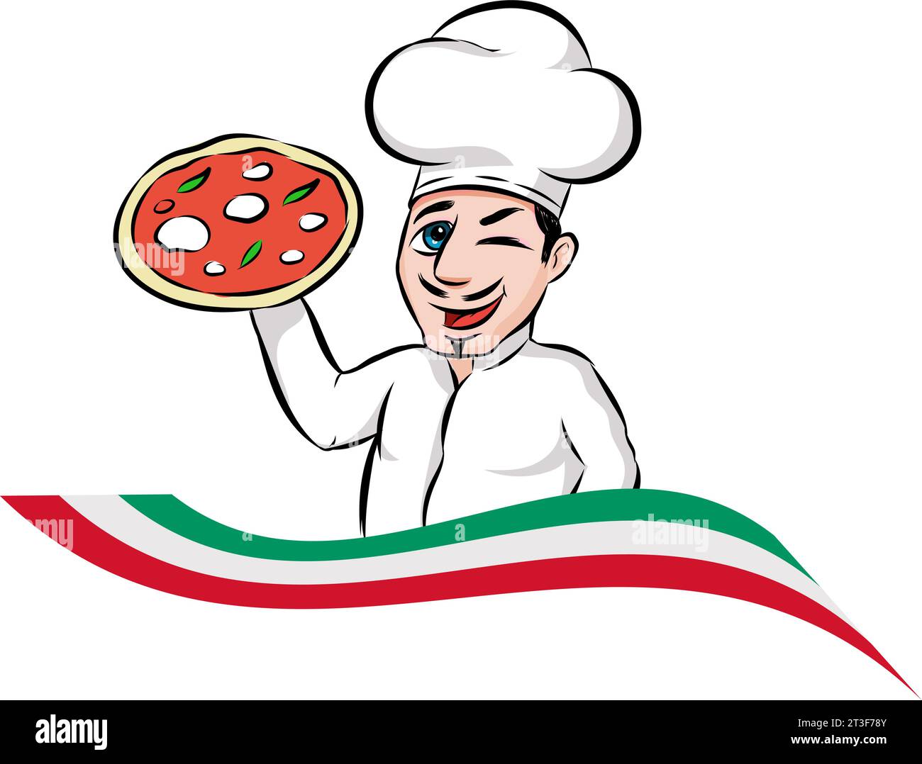 chef italien de dessin animé présentant une délicieuse pizza cuite au four devant un drapeau italien coloré Illustration de Vecteur