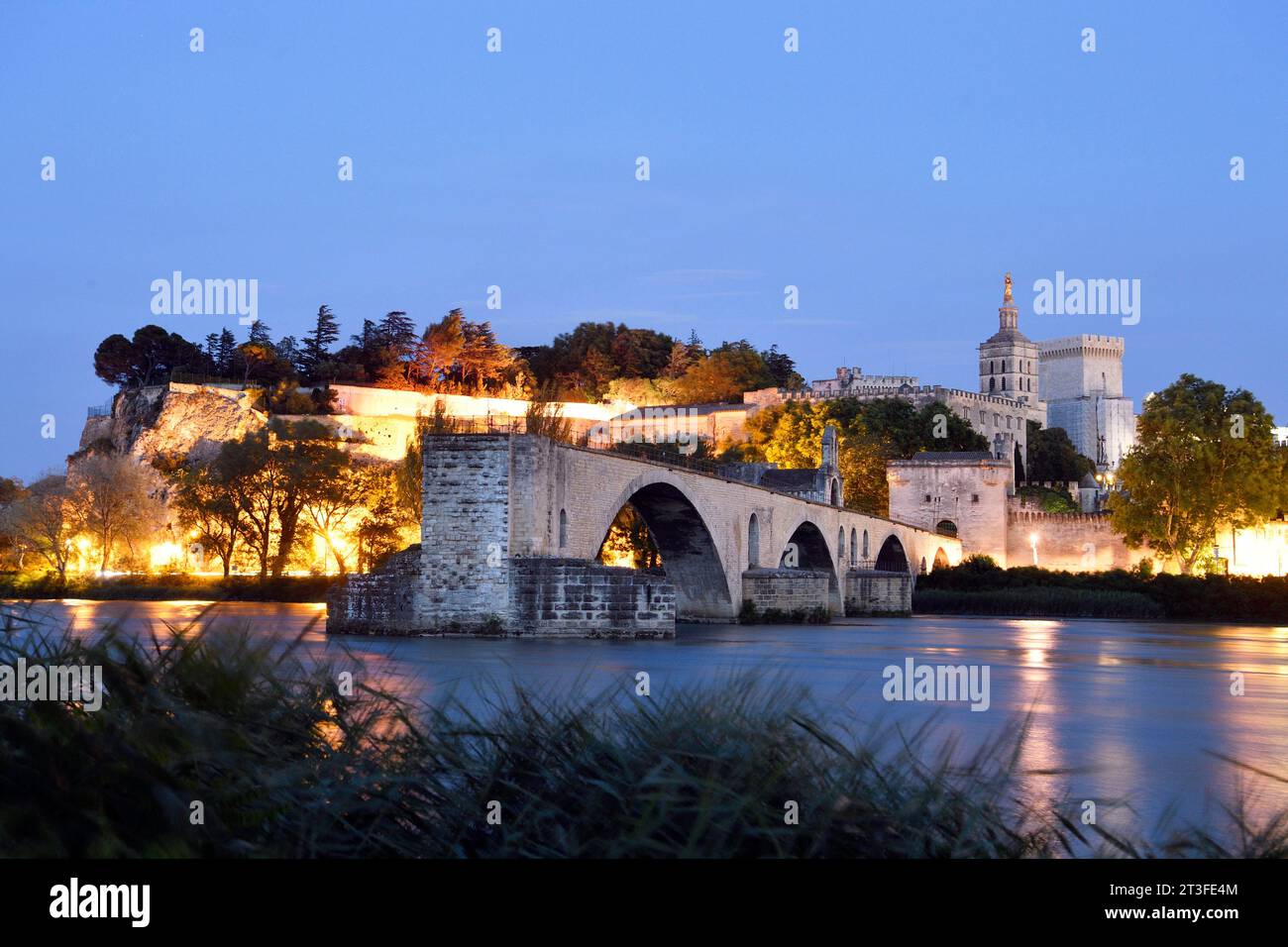 La France, Vaucluse, Avignon, le pont Saint Bénézet sur le Rhône datant du 12ème siècle avec la cathédrale en arrière-plan de Doms datant du 12ème siècle et le palais des papes dans la liste du patrimoine mondial de l'UNESCO Banque D'Images