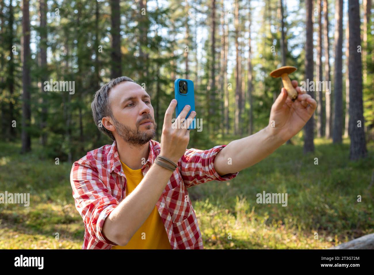 Homme ravi de trouver le champignon naturel mangeable, faire la photo, la publier dans le réseau social Banque D'Images
