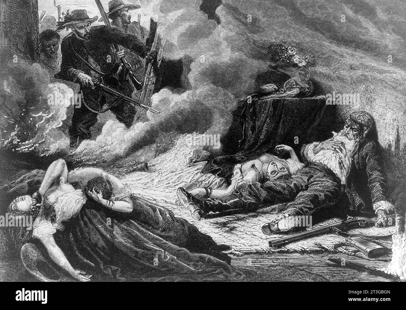 La guerre séminole - massacre de la famille Motte (vers 1837), gravure sur bois, 1883 Banque D'Images