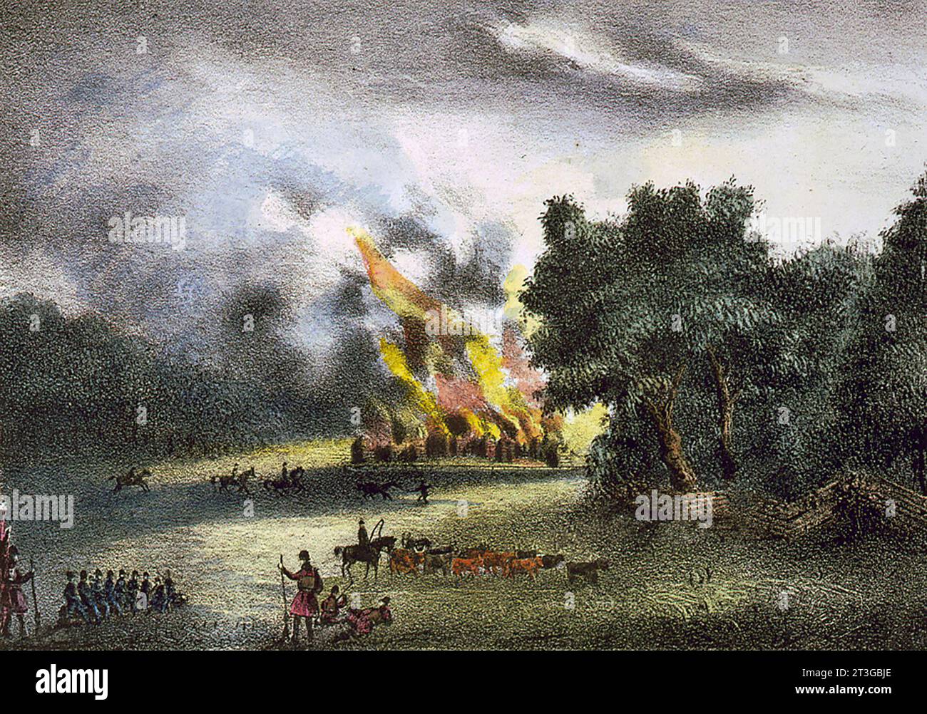 Séminole Wars. Incendie de la ville Pilak-li-ka-ha par le général Eustis lithographie colorée à la main, 1837 Banque D'Images