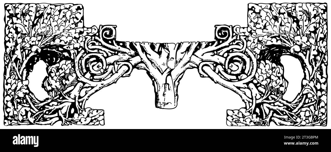 Arbre de vie vintage Liberty Art Nouveau Art Decò illustration noir et blanc entrelacement de branches et de feuilles Banque D'Images