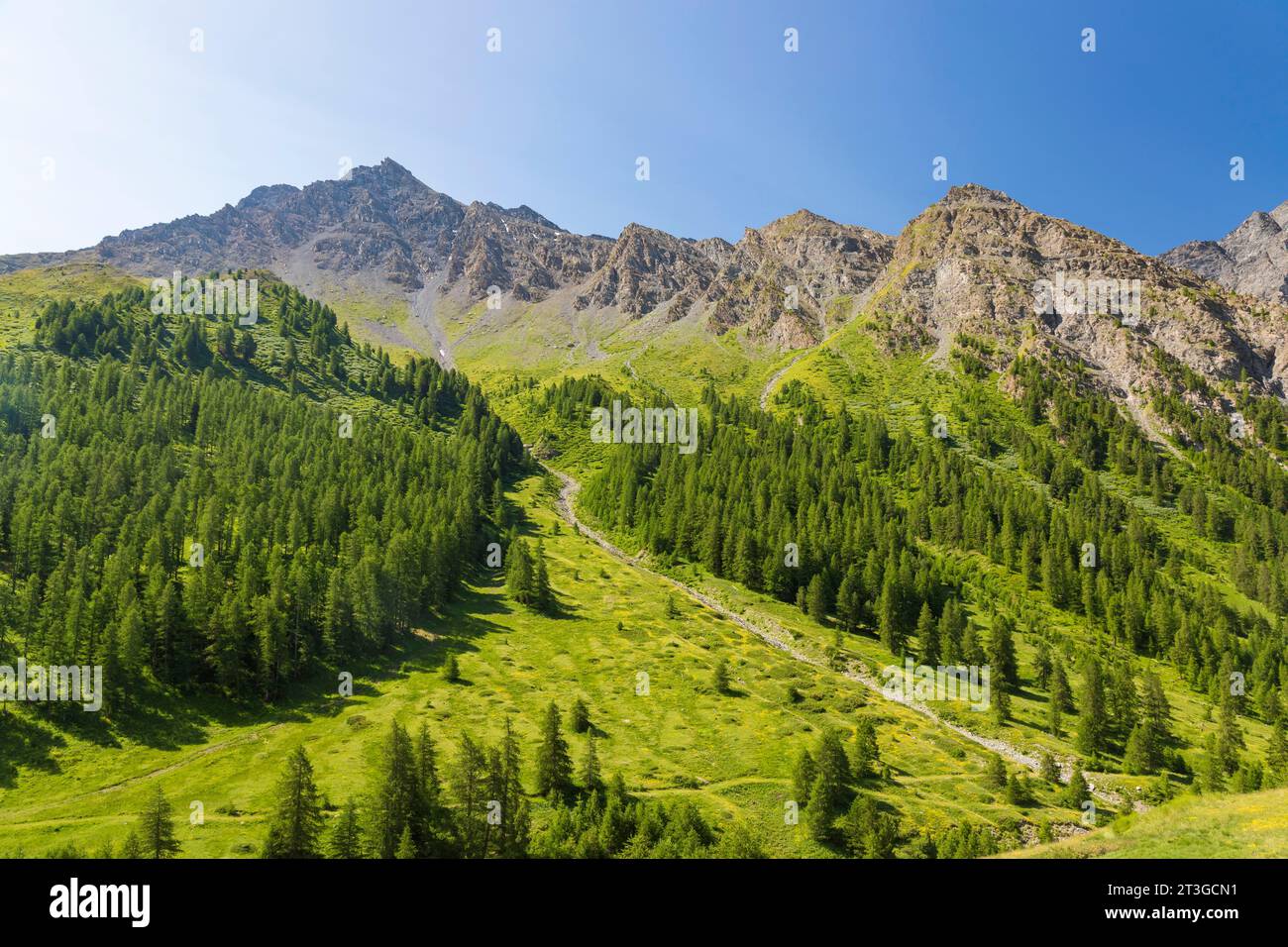 France, Hautes Alpes, Parc naturel régional du Queyras, Saint Veran, labellisé les plus Beaux villages de France (les plus beaux villages de France), commune la plus haute d'Europe, paysage depuis le sentier entre le village de Saint Veran et le lac de la Blanche Banque D'Images