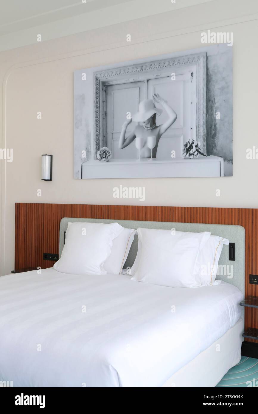 France, Alpes Maritimes, Cannes, la Croisette, Hôtel Mondrian, chambre conçue par l'agence d'architecture Triptyque avec une photo artistique de Ruslan Bolgov Banque D'Images