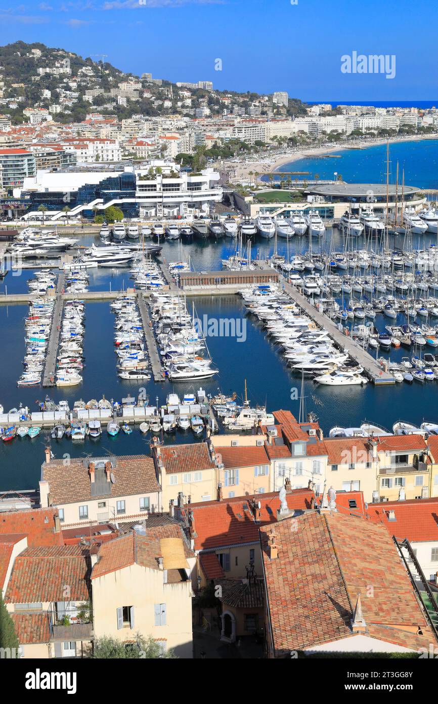 France, Alpes Maritimes, Cannes, vue depuis le Suquet sur le Vieux Port, ses bateaux amarrés et le Palais des festivals et des Congrès Banque D'Images