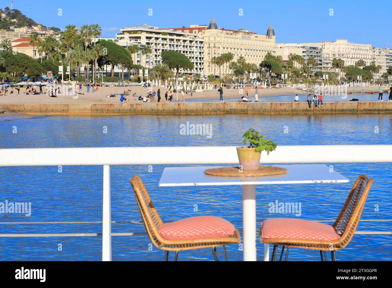 France, Alpes Maritimes, Cannes, Croisette, la Plage le Majestic, restaurant B Fire (groupe Barrière) avec un menu créé par le chef Mauro Colagreco et en arrière-plan l'Hôtel Carlton Banque D'Images