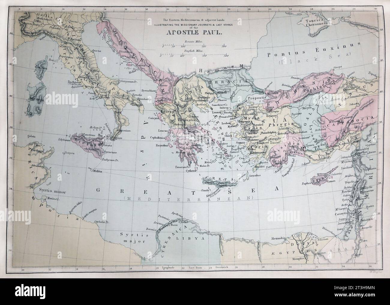 Les terres orientales et méditerranéennes illustrant les voyages missionnaires et le dernier voyage de Saint Paul actes Nouveau Testament Banque D'Images