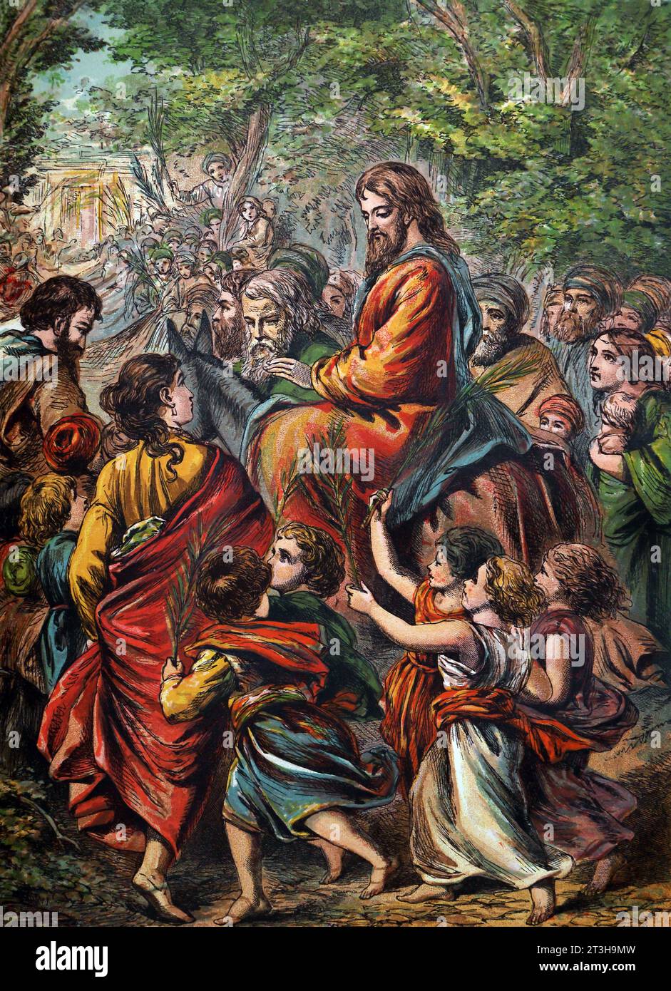 Histoire biblique Illustration entrée de Jésus à Jérusalem (Évangile) Nouveau Testament de la Bible du 19e siècle Banque D'Images