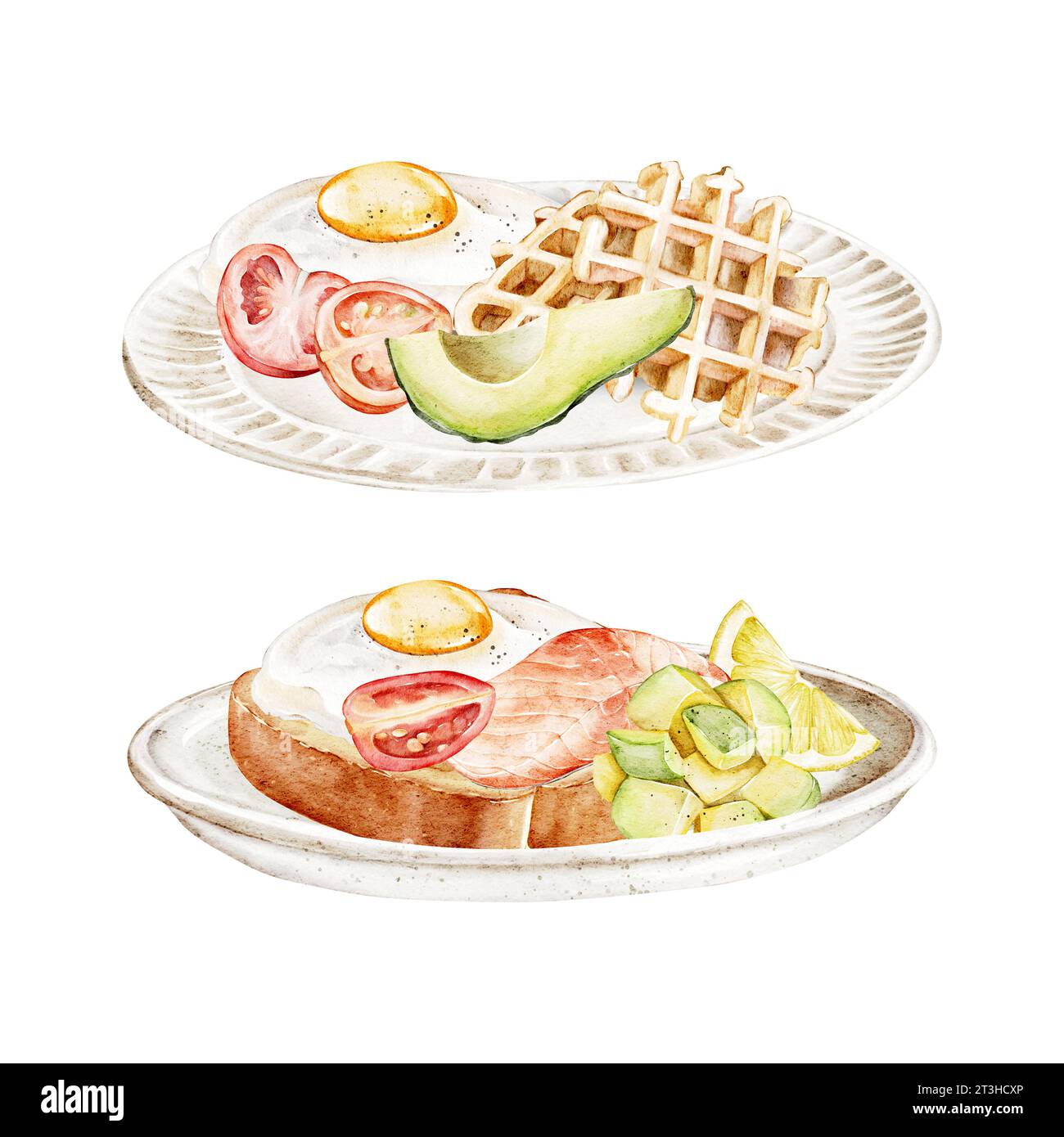 Assiettes aquarelle avec un petit déjeuner sain : œufs, saumon, tomates, avocat, pain grillé, gaufres. Illustration dessinée à la main pour le menu du petit déjeuner, livre de cuisine, SIG Banque D'Images