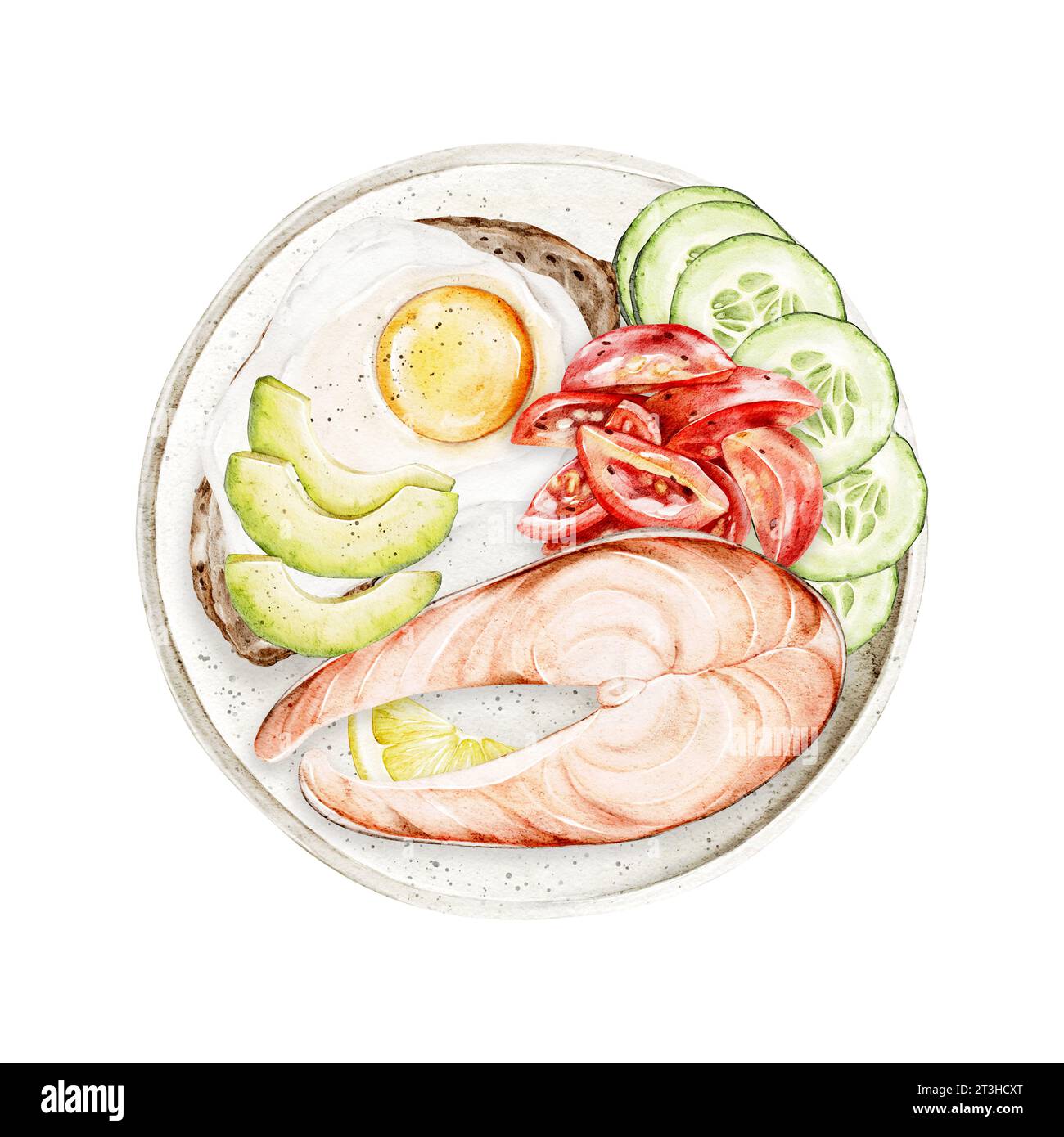 Saumon cuit à l'aquarelle avec œufs au plat et sandwich à l'avocat, concombres frais et tomates sur une assiette. Illustration dessinée à la main pour le menu du petit déjeuner, coo Banque D'Images