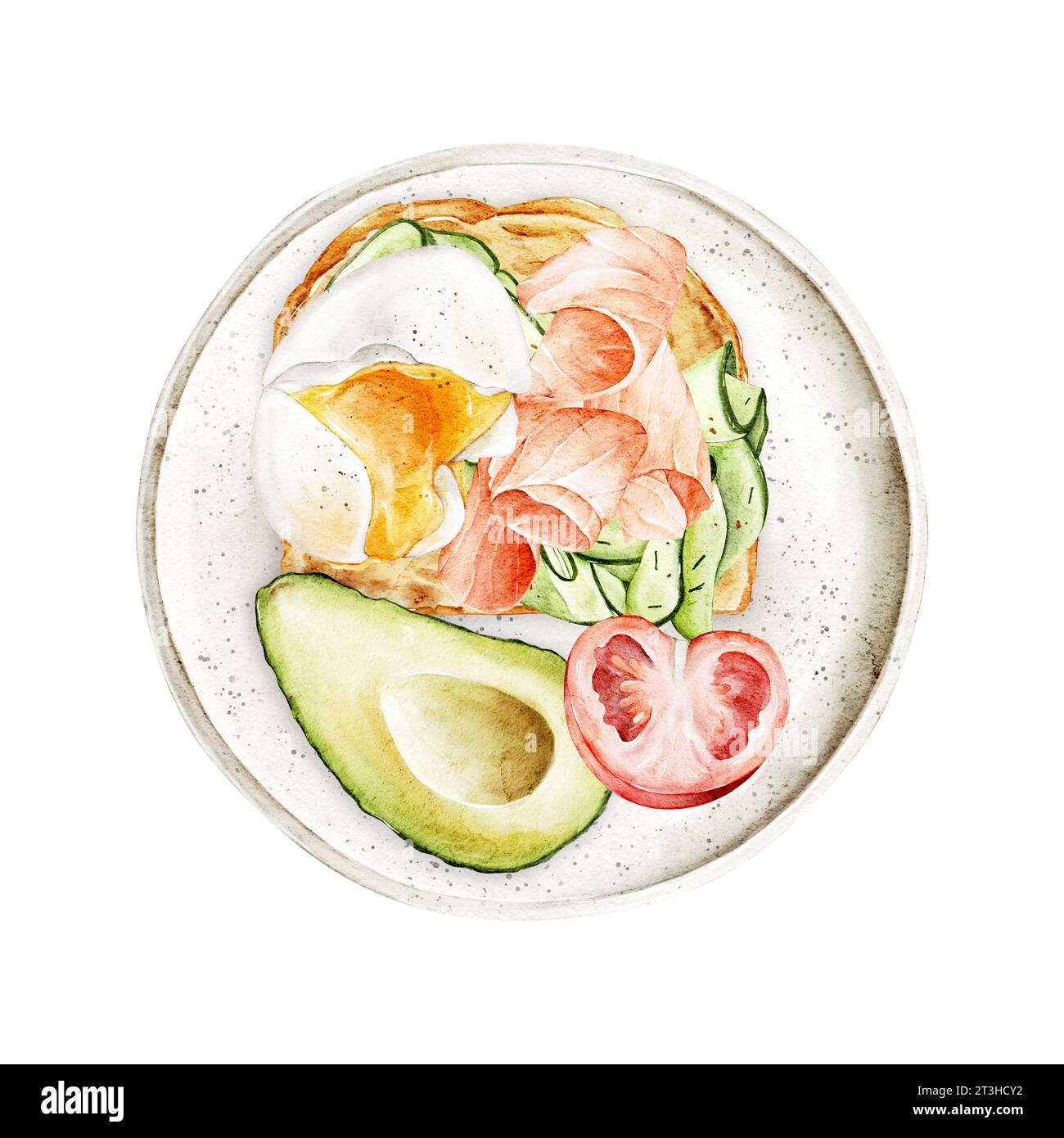 Sandwich aquarelle avec saumon, concombres, œuf poché et avocat frais, tomate sur une assiette. Illustration dessinée à la main pour le menu du petit déjeuner, livre de cuisine, si Banque D'Images
