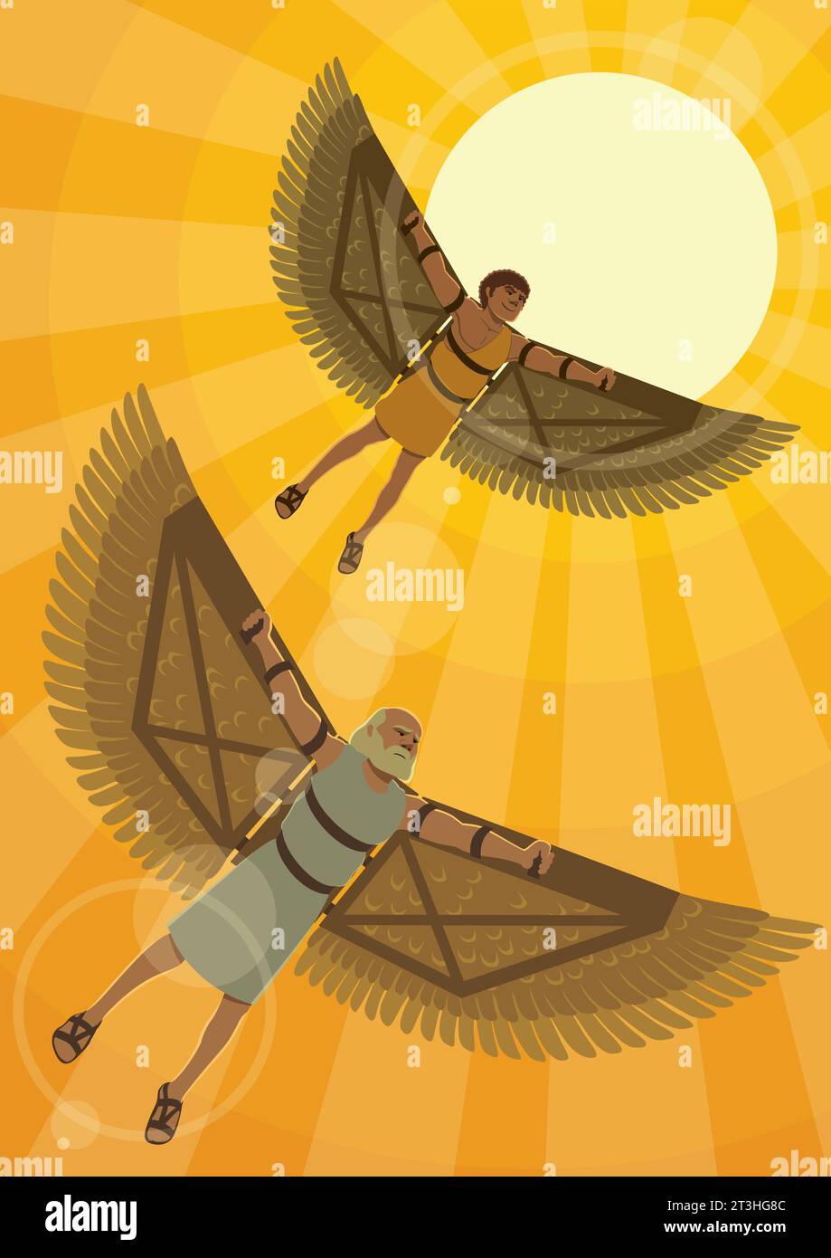 Illustration de dessin animé de Daedalus et Icare s'élevant dans le ciel avec de grandes ailes artificielles. Illustration de Vecteur