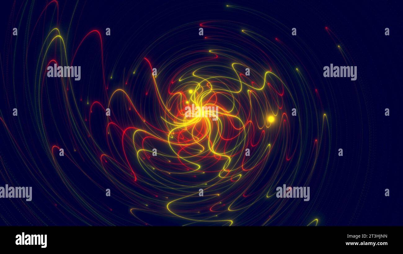 Particules multicolores dispersées à partir d'une source à rotation ponctuelle. Pistes de particules courbes. Rendu 3D. Banque D'Images