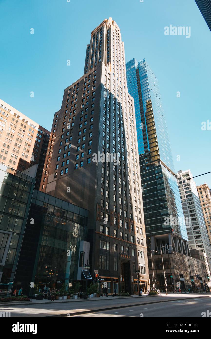 Le Carbide & Carbon Building, une tour de style art déco à Chicago. Construction achevée en 1929, maintenant un hôtel et un point de repère désigné. Banque D'Images