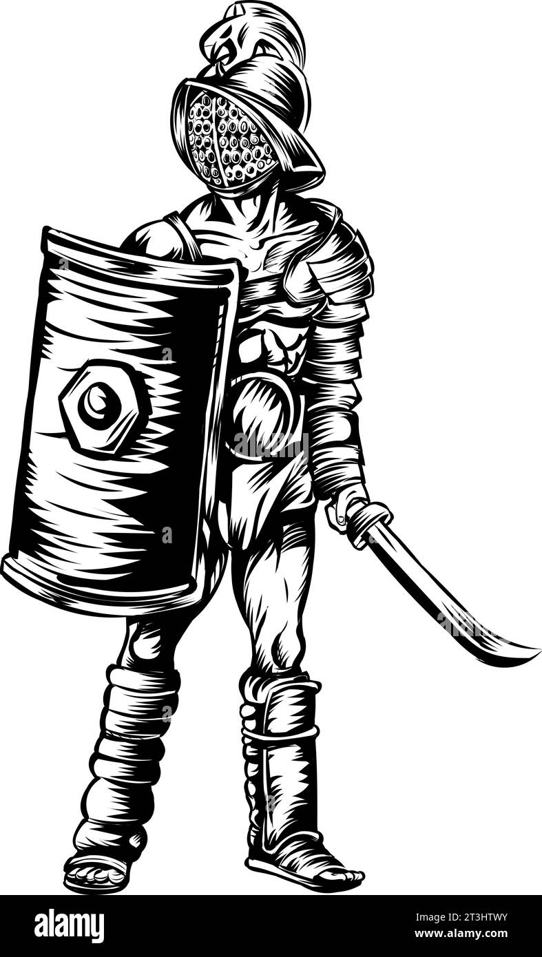 Gladiator guerrier noir et blanc .Vector illustration isolé sur blanc Illustration de Vecteur