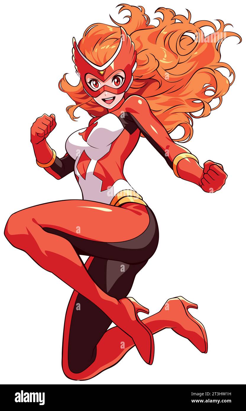 Illustration de style anime de superhéroïne aux cheveux rouges volant sur fond blanc. Illustration de Vecteur