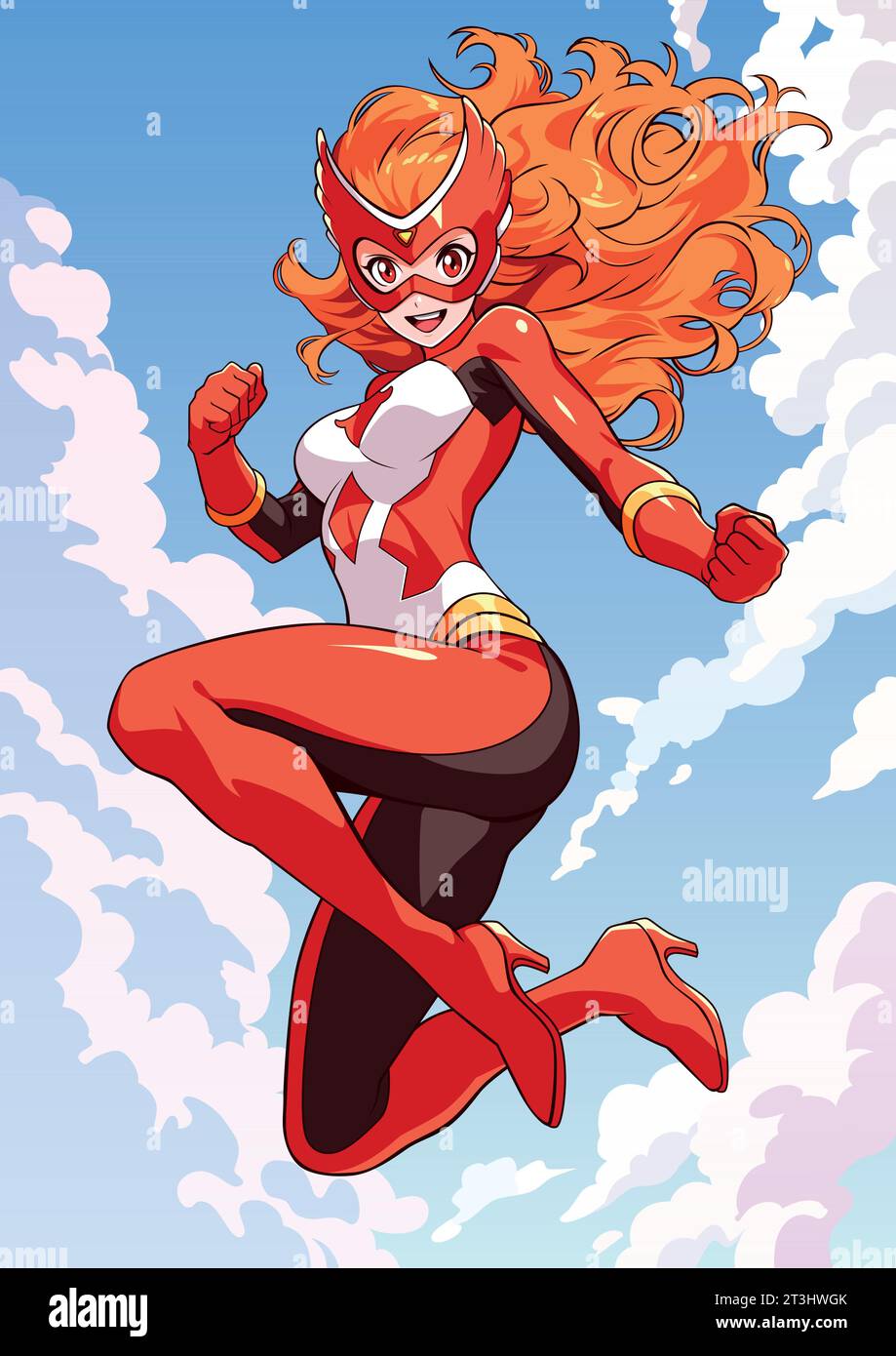 Illustration de style anime de superhéroïne aux cheveux rouges volant dans le ciel. Illustration de Vecteur