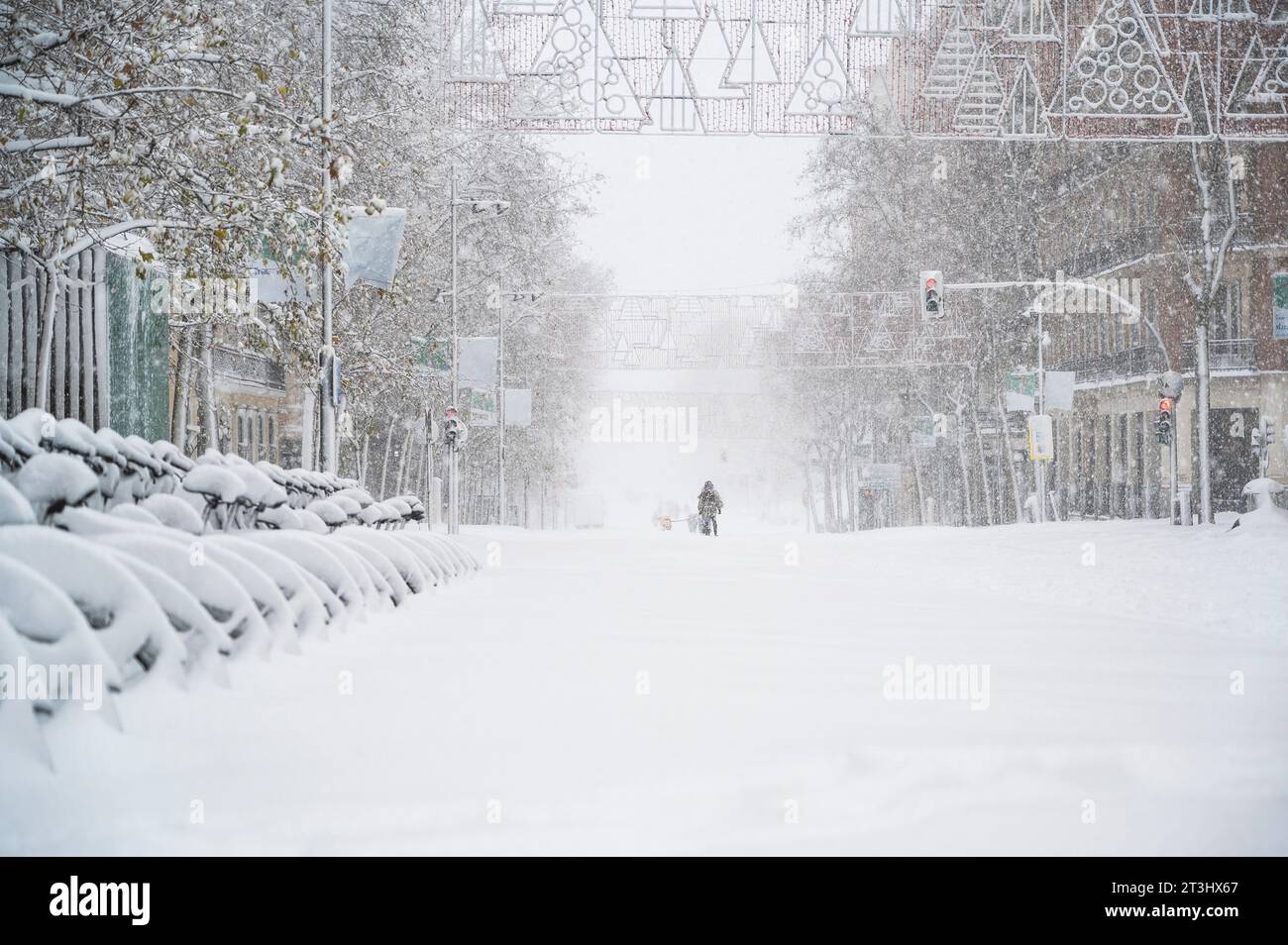 Tempête de neige dans la rue Serrano à Madrid. Banque D'Images