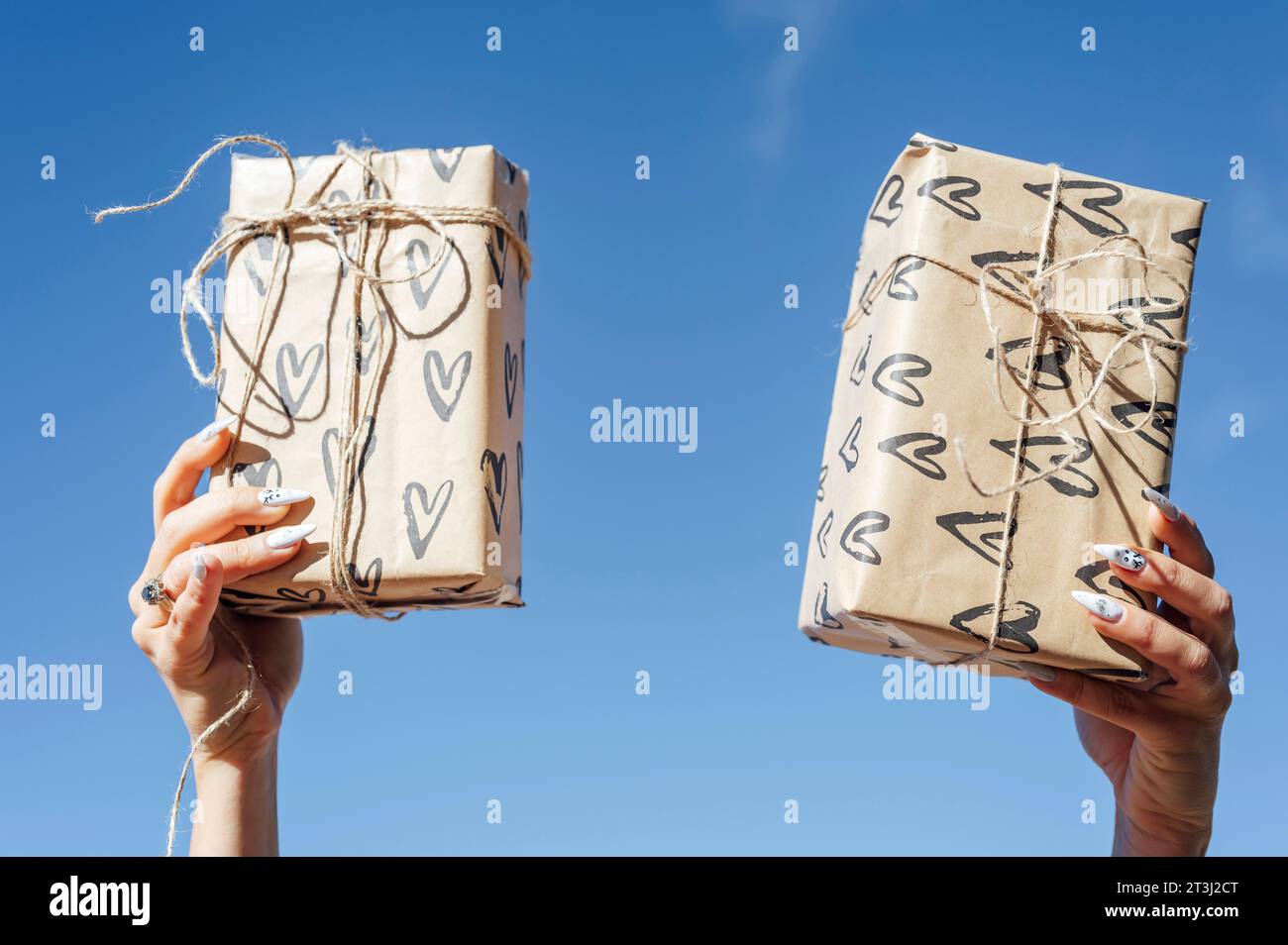 Première personne vue de dessus photo de mains féminines tenant deux boîtes cadeaux en papier artisanal au-dessus du ciel bleu Banque D'Images