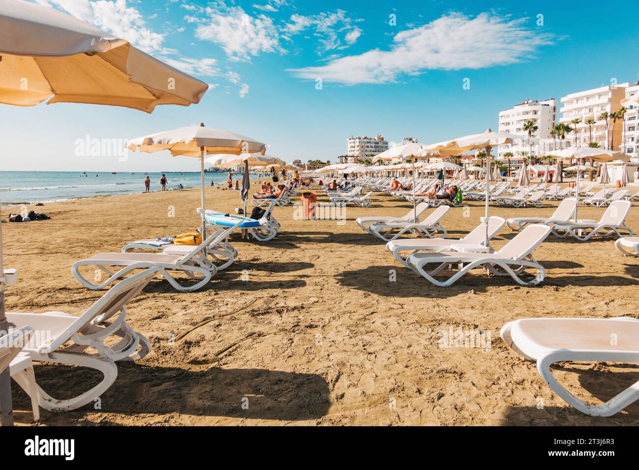 Chaises longues et parasols prêts pour les clients à Finikoudes Beach, Larnaca, Chypre Banque D'Images