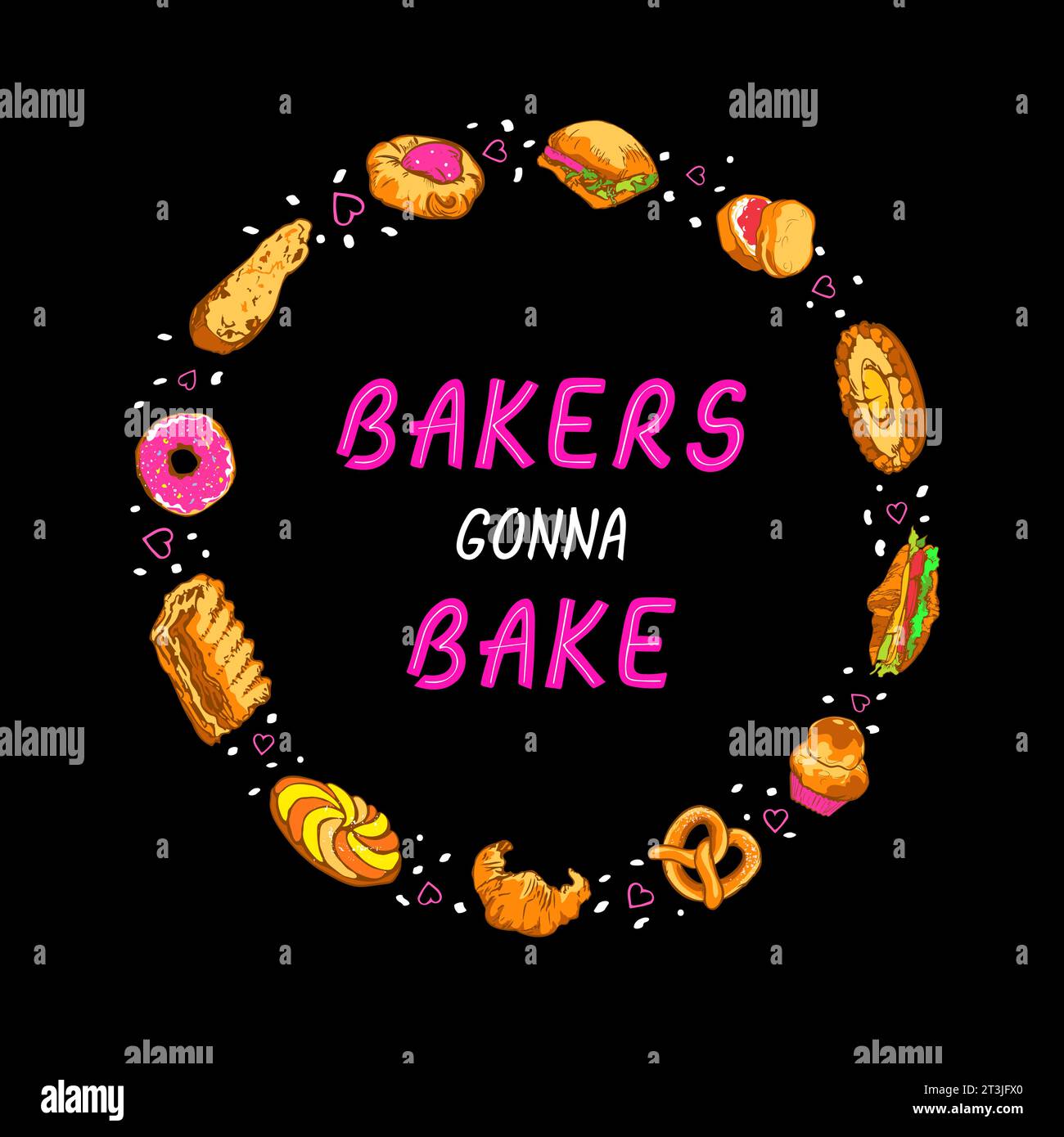 Humoristique mignon message de lettrage de motivation Bakers Gonna Bake dans un cadre rond fait d'articles de boulangerie Illustration de Vecteur