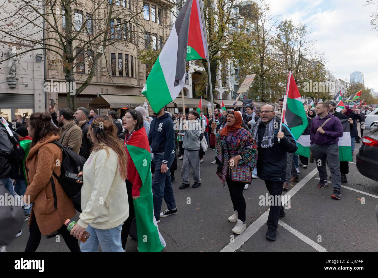Participants à la démonstration avec des drapeaux palestiniens, rassemblement pro-palestinien pour condamner les crimes de guerre contre la population civile à Gaza le 21.10.2023 in Banque D'Images
